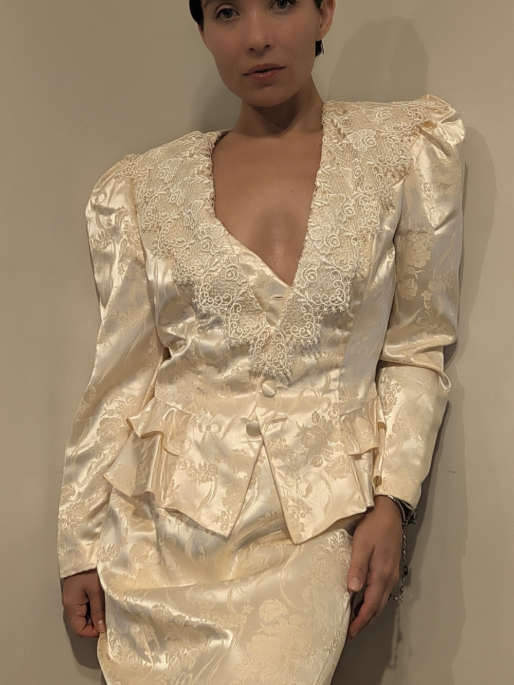 Scott McClintock vory Lace-Trim Satin Peplum Jacket and Skirt Set